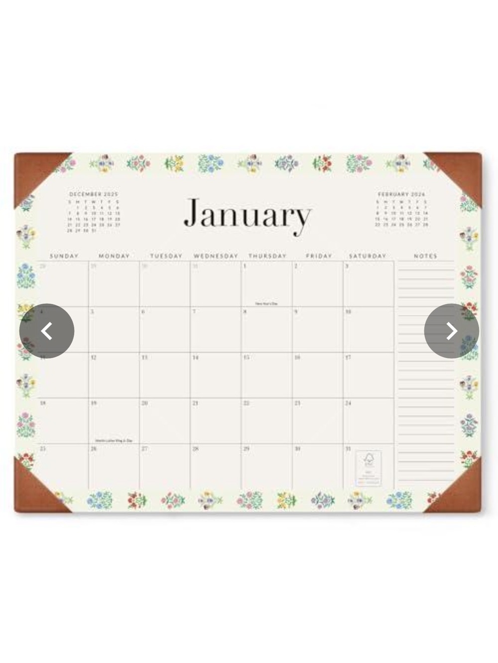 Floral Desk Calendar Pad - White with Brown Corners
